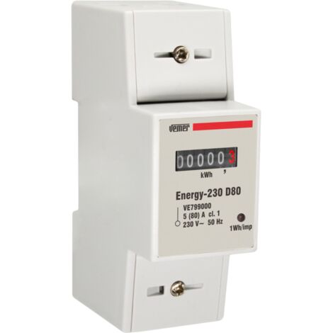 Compteur d’Énergie Électrique Monophasé Rail DIN 2 Modules Mesureur de Consommation Électrique Courant Max 80A Alimentation 230V Vemer VE799000