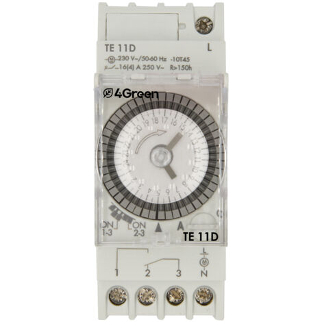 Interrupteur Horaire électromécanique Journalier à Cavaliers Minuterie 2 modules DIN Réserve de Marche 150h Alimentation 230V 4Green TE 11D (1/4)