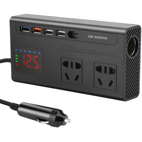 TOPIKY Convertisseur de courant 200 W pour voiture, transformateur de 12 V à 220 V, onduleur avec 2 prise prise et 4 ports USB (5 V/2,4 A) pour téléphone Pad et tablette