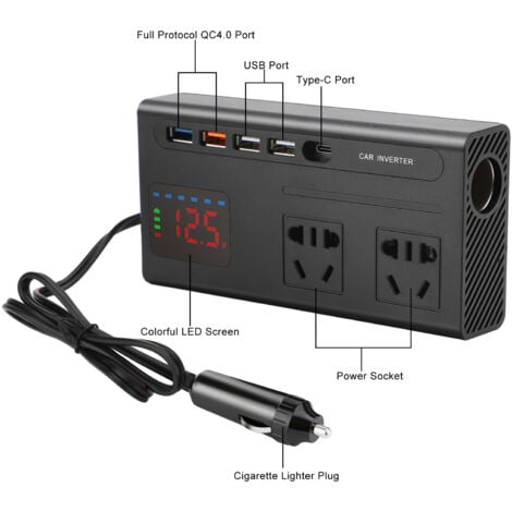 TOPIKY Convertisseur de courant 200 W pour voiture, transformateur de 12 V à 220 V, onduleur avec 2 prise prise et 4 ports USB (5 V/2,4 A) pour téléphone Pad et tablette