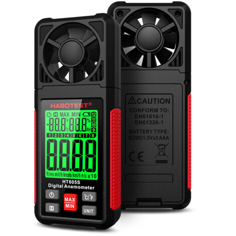 Tonysa – Anémomètre numérique portable LCD – Mesure vitesse du vent, température et humidité – Plage de vitesse 0,7-30 m/s – Écran rétroéclairé