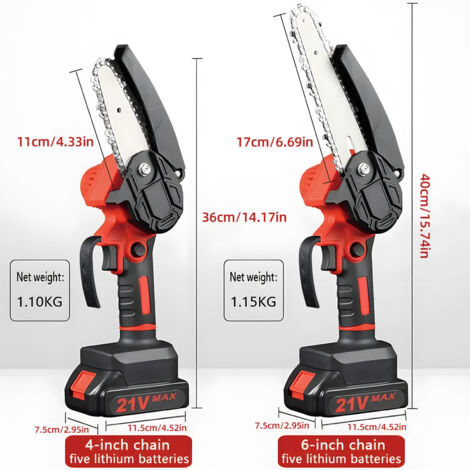 TONYSA Mini Tronconneuse a Batterie 4 / 6 Pouces Tronçonneuse Électrique sans Fil 21V Tronconneuse a Batterie avec 2 Batteries, 2 Chaînes, Scie à Chaîne Électrique à une Main pour l'élagage le Jardin