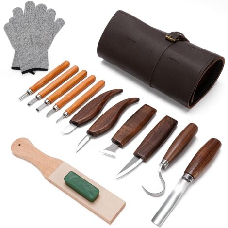 Outils de sculpture sur bois, kit de 15 outils de sculpture sur noyer et de dessin avec gants et sac de rangement pour les professionnels et les débutants