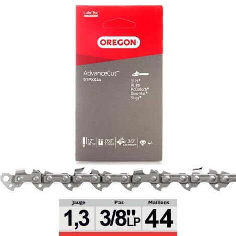 Oregon – Chaîne de tronçonneuse 30 cm – Pas 3/8 low pro – Jauge 1.3 mm – 44 dents – Acier breveté – Réduction des vibrations 30 % – 91PX044E