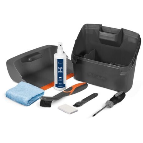 Husqvarna – Kit entretien tondeuse robot – Brosse de nettoyage – Spray nettoyant – Tampon abrasif – Boîte de rangement