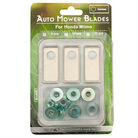 Honda – Jeu de 9 lames pour robot tondeuse – Alésage 10 mm – Compatibles Miimo 250/300/310/500 – 9 écrous de fixation inclus