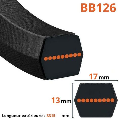 Courroie pour moteur thermique BB126 – Longueur extérieure 3315 mm – Largeur 17 mm – Épaisseur 13 mm – Compatible tondeuses Kubota