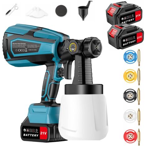 Pistolet à peinture électrique sans fil 21V avec 2 batteries 3000mAh – 5 buses de 1.0 à 2.5 mm – Débit 600 ml/min pour surfaces variées (1/5)