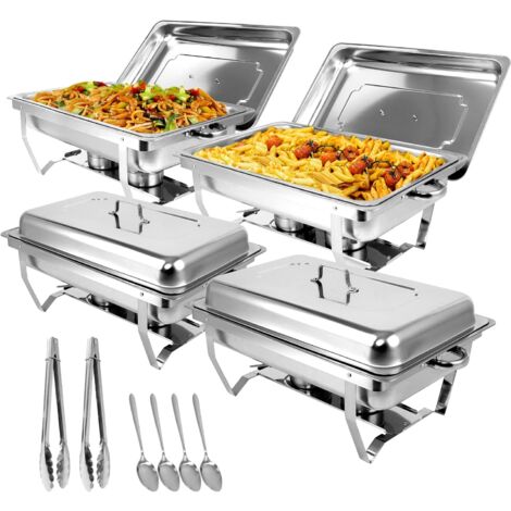 Chauffe-Plats en Acier Inoxydable, 9L Chafing Dish, Buffets Chauffants avec Pinces et Cuillères pour Fêtes, Mariage, Banquets, Restauration (4 pièces, 4 x GN 1/1)