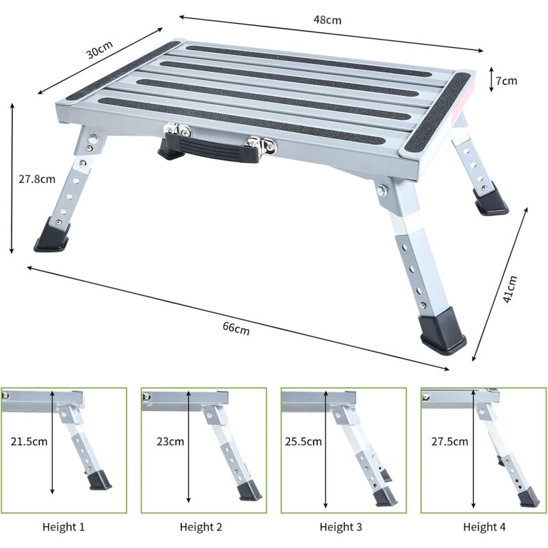 Marchepied Pliable GARDTECH - Aluminium 150kg - Hauteur Réglable - Bande Fluorescente - Pour Camping-car, Maison