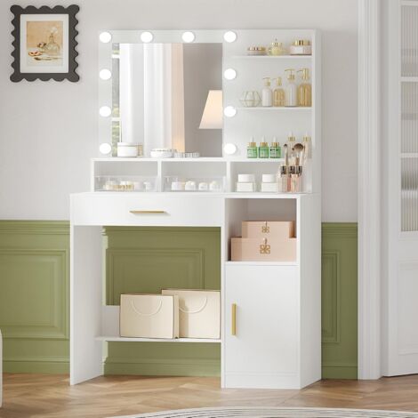 Scrivania Trucco IRONCK Con Luci LED E Specchio – Armadietto Portagioie Nascosto, Bianco, 65x3 Cm