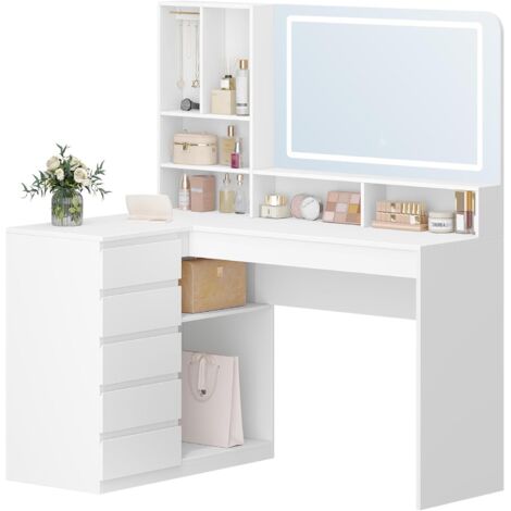 Toeletta da Trucco Grande con Illuminazione a LED, Toeletta da Trucco con specchio, Postazione Truccos angolare a L con 5 cassetti, 7 scomparti aperti, ganci per collane, Bianco