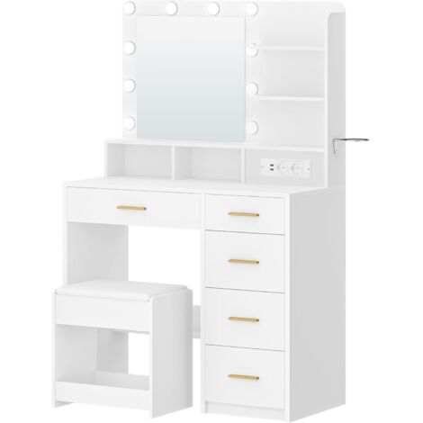 Postazione Trucco con 10 Luce Led, 3 Colori, Toeletta Trucco con Spina E Grande Specchio, Sgabello E Supporto Per Asciugacapelli, Tavolino Da Toilette A Più Cassetti, Bianco