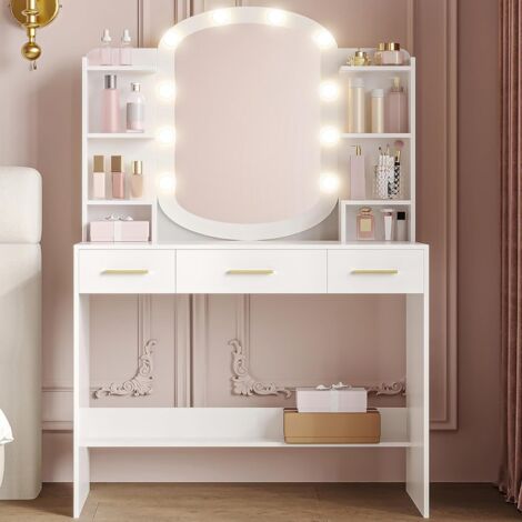 Toeletta Trucco con Specchio Ovale, Toeletta con LED, Luminosità Regolabile, Postazione Trucco, 3 Cassetti con 6 Scomparti, Bianco