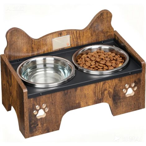 Set di 2 Ciotole Rialzate per Cani, con Ciotola Acqua Inox, Supporto Antiscivolo e Antischizzo, Marrone e Nero