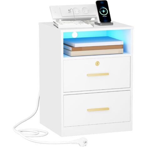 Comodino con Postazione di Ricarica, Porte USB e di Tipo C, Tavolino con Luci LED, 1 Scomparto Aperto e 2 Cassetti, per Camera da Letto, Soggiorno, Bianco