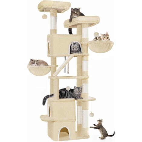 Tiragraffi da 185 cm, grande torre per gatti da interno con 2 piattaforme, 3 cucce, 6 tiragraffi, 2 cestini, pompon, cuscino lavabile, beige