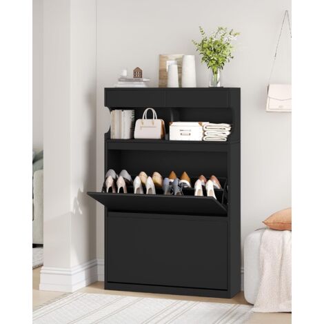 Scarpiera, scarpiera stretta, regolabile, per ingresso, corridoio, guardaroba, 16 paia, 2 alette (80 cm), nero