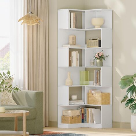 Libreria, Scaffale Angolare a 7 Ripiani, per Soggiorno, Camera da Letto, Ufficio, Bianco (1/5)
