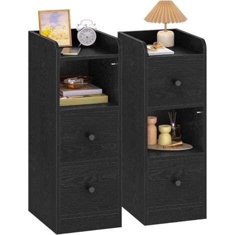 Comodino Set di 2, Tavolino Stretto con 2 Cassetti, comodino con protezione superiore, per spazi ristretti, per Camera da Letto, Soggiorno, Nero