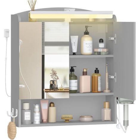Specchio Bagno Contenitore, Mobiletto a specchio con illuminazione a LED, porta asciugacapelli e ganci, mobile specchio bagno, con Ripiano Regolabile, Grigio
