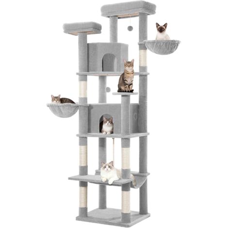 Albero Tiragraffi per Gatti 216 cm, Torre per Gatti a Più Livelli con Tiragraffi, 2 Comodi Condomini, 2 Trespoli, 2 Cestini, Amaca, per Uso Interno, Grigio Chiaro