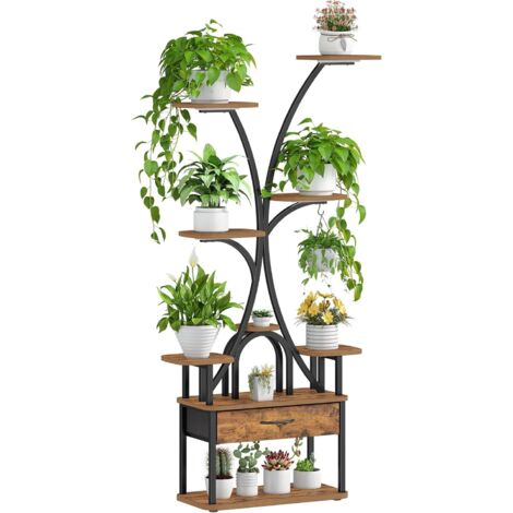 Supporto per Piante con Luce di Crescita, Supporto per Fiori a 9 Livelli con 4 Luci LED R-G, Colore e Temporizzazione Regolabili, Soggiorno, Balcone, Giardino, Marrone Vintage-Nero