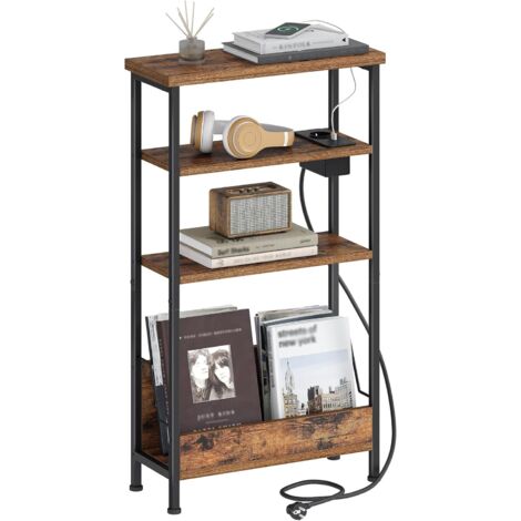 Tavolino Stretto, Tavolino Laterale da Divano a 4 Ripiani con Portariviste e Presa di Ricarica, Comodino per Soggiorno, Camera da Letto, Studio, Marrone Vintage (1/5)