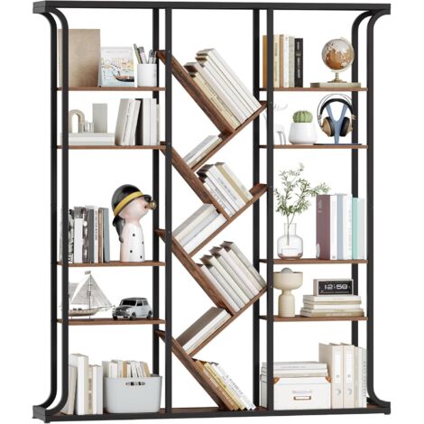 Libreria, 3 Colonne e 6 Ripiani a Forma di Albero,17 Scomparti, Scaffale Indipendente Aperto, Adatto per Ufficio, Camera da Letto, Soggiorno, Marrone Vintage e Nero