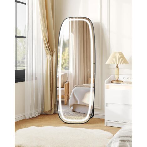 Specchio da terra con luci, LED Specchio da Parete Lungo, Specchio Curvo da Terra con supporto, 3 colori di illuminazione, Adatto per Camera da Letto, Soggiorno, Nero