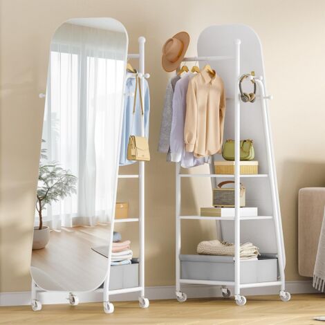 Specchi da Terra, Specchio da trucco con Appendiabiti, 160 x 50 cm, Ruote Girevoli a 360°, Large mirror con Contenitore e Ganci, Adatto per Camera da Letto, Guardaroba, Soggiorno, Bianco