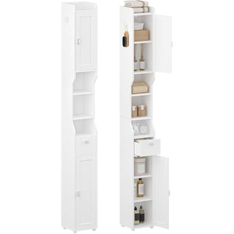 Mobile da Bagno, Mobile da Bagnos Alto con 2 Ante e 1 Cassetto, Ripiano Regolabile, Scomparti Aperti, Mobiletto Bagnos Salvaspazio, per Bagno Soggiorno Camera da Letto, Bianco