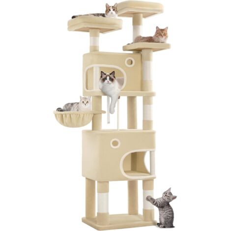 Tiragraffi, Albero per Gatti da 180 cm con 8 Tiragraffi, 3 Piattaforme, 2 Grotte, Cestino, Palline di Peluche, Corda di Sisal, Beige