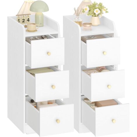 Comodino Set di 2, Tavolino Stretto con 3 Cassetti, comodino con protezione superiore, per spazi ristretti, per Camera da Letto, Soggiorno, Bianco con venature del legno