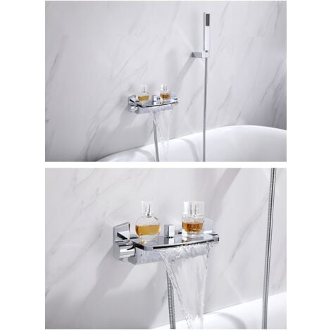 S-giant Mitigeur Baignoire Cascade Mural Robinet Baignoire Fixé Au Mur Pour Salle De Bains Robinet De Bain Avec Douche à Main Mitigeur De Bain(Couleur d'or B)