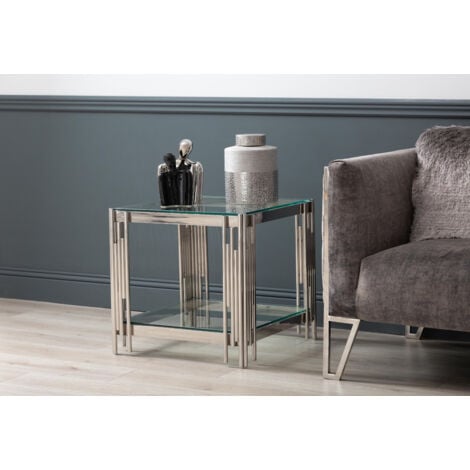 Vanity Living 55cm Sofa Side Table for Living Room Furniture, Glass and Metal End Table