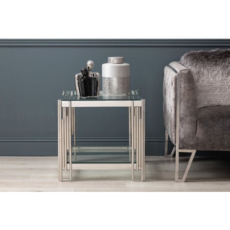 Vanity Living 55cm Sofa Side Table for Living Room Furniture, Glass and Metal End Table