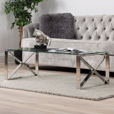 40cm Stainless Steel Rectangular Coffee Table for Living Room Furniture, Glass Top Dining Room Centre Table