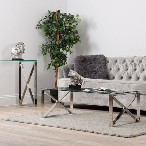 40cm Stainless Steel Rectangular Coffee Table for Living Room Furniture, Glass Top Dining Room Centre Table