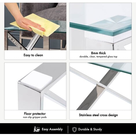40cm Stainless Steel Rectangular Coffee Table for Living Room Furniture, Glass Top Dining Room Centre Table