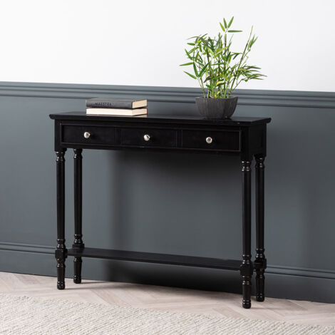 81cm Black Slim Console Table for Hallway Furniture, 3 Drawer Wooden Entryway Hall Table with Shelf Storage