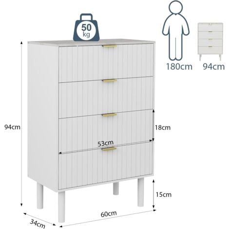 UEV Kommode mit Schublanden, 60 x 34 x 93cm,Schrank mit 4 Schubladen, Schmal kommode marmor, Aufbewahrungskommode, Beistellschrank für Wohnzimmer, Schlafzimmer, Flur(Weiß)