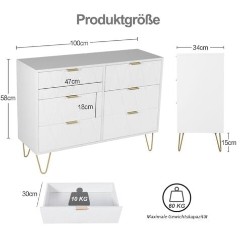 UEV Kommode mit 6 Schublanden,100x34x73 cm, Schrank mit 6 Schubladen, Highboard, TV Schrank, Sideboard mit Schubladen, Schmal kommode,Schrank für Wohnzimmer Schlafzimmer,Flur(Weiß)