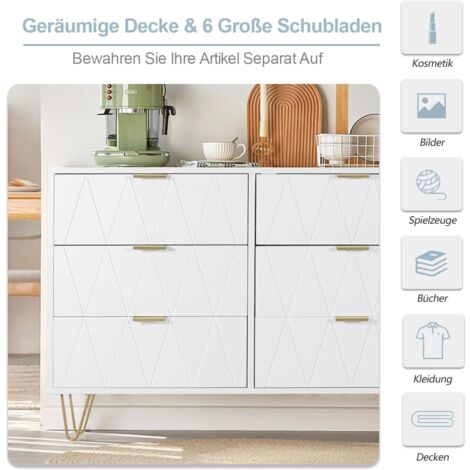 UEV Kommode mit 6 Schublanden,100x34x73 cm, Schrank mit 6 Schubladen, Highboard, TV Schrank, Sideboard mit Schubladen, Schmal kommode,Schrank für Wohnzimmer Schlafzimmer,Flur(Weiß)