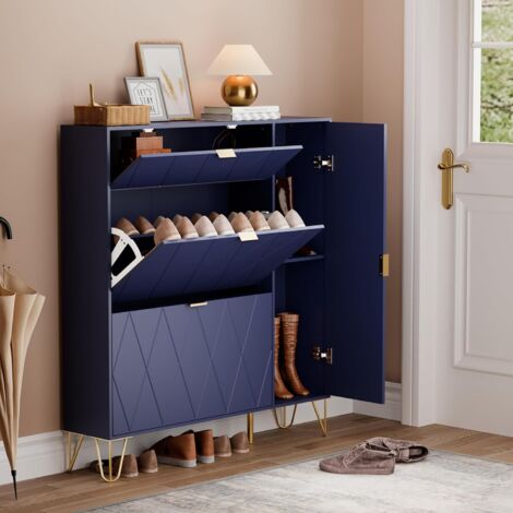 Freistehender Schuhschrank Mit 2 Klapptüren & Offenem Fach | Landhausstil, Schmal (80x23,5x100 Cm) | Für Flur, Eingangsbereich | Aus MDF & Metall