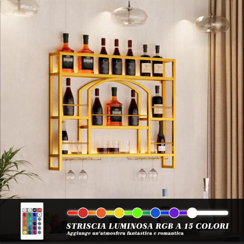 Scaffale da parete per vino con supporto per bicchieri di vino, mini bar per liquori, ripiani in vetro da parete, per bottiglie di liquori, organizer angolare per bar