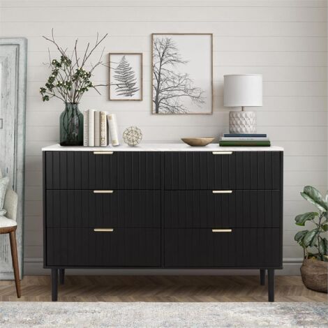 UEV Cassettiera Camera da Letto, Comò 6 Cassetti con Motivi a Marmo, Mobile in Legno, Credenza per Soggiorno, Corridoio, Scandinavia, 34P x 100l x 75H cm, Nero