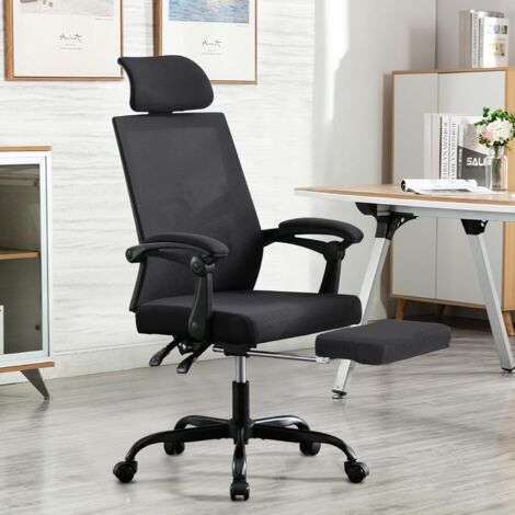 UEV Sedia da Ufficio Ergonomica con Poggiapiedi, Sedia da Scrivania con Poggiatesta Regolabile, Supporto Lombare, Regolabile in Altezza, Inclinabile, Fino a 136 kg, Tessuto Traspirante, Nero