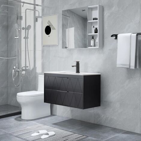 UEV Mobile Bagno Sospeso con Lavabo in Ceramica, 75CM Lavandino Bagno con 2 Cassetti, Lavandino Bagno con Mobiletto Moderno, Soft-Close, Nero