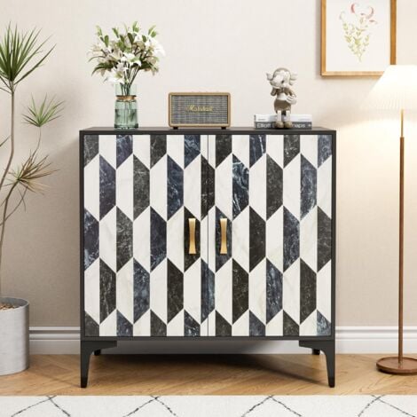 UEV Credenza Bassa Scandinava, Mobiletto portaoggetti, con 2 Ante, Superficie Color Bianco/Nero, Maniglia in Metallo Color Oro, per Soggiorno, Camera da Letto, Studio, 70 x 40 x 80 cm